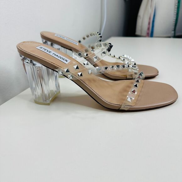 Steve Madden Nude Lucite Tangent Cone Heel Clear Silver Studded Strappy Sandal 9 - Picture 7 of 16